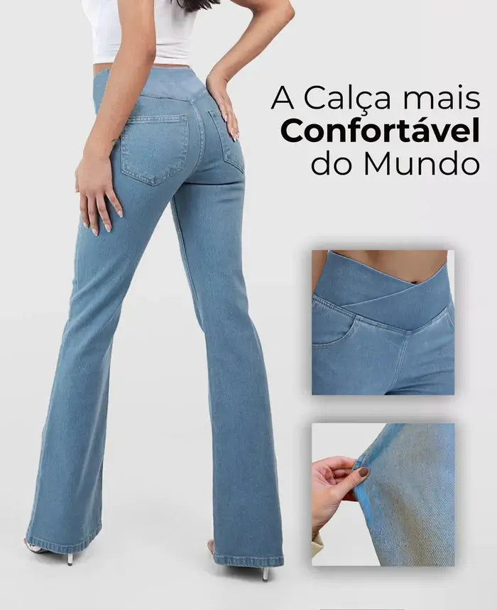 (Compre 01 LEVE 02 UNIDADES) Calça Jeans Diva™ com Cintura Alta Cruzada / A Mais Soltinha e Fresca do Mercado - Último dia de Promoção